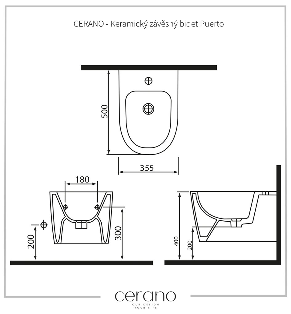 Cerano Puerto, keramický závesný bidet 50x35 cm, biela lesklá, CER-CER-425599