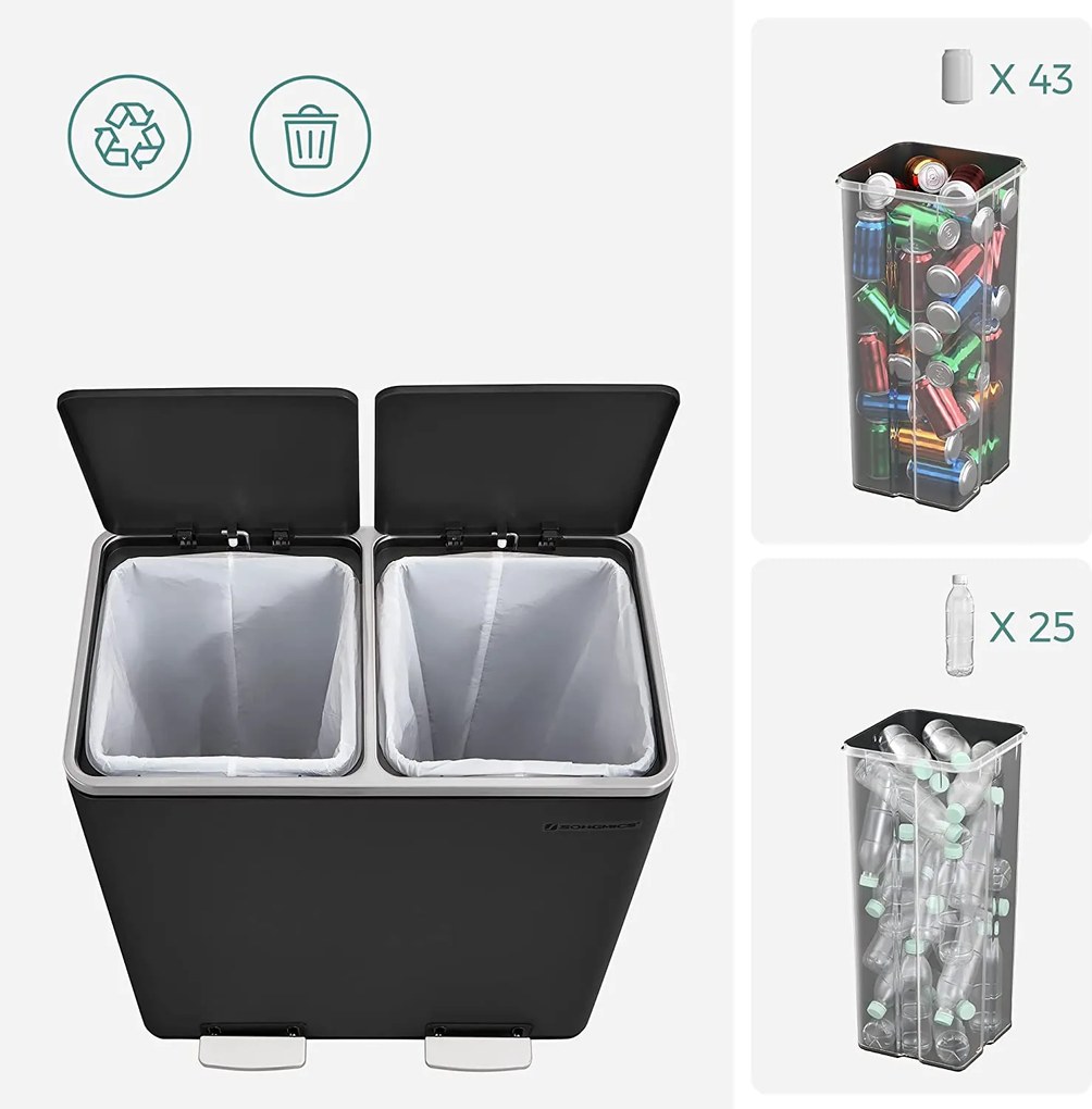 Odpadkový kôš XL s 2 priehradkami, 2 x 30 L, vzduchotesný, čierny