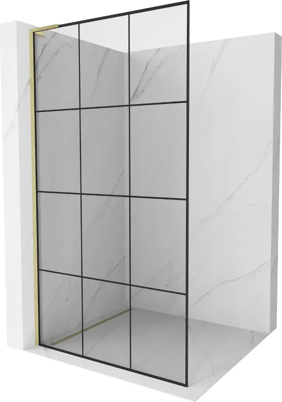 Mexen Kioto L, sprchová zástena Walk-In 100 x 200 cm, 8mm číre sklo čierny vzor, zlatý matný profil, 800-100-103-55-77