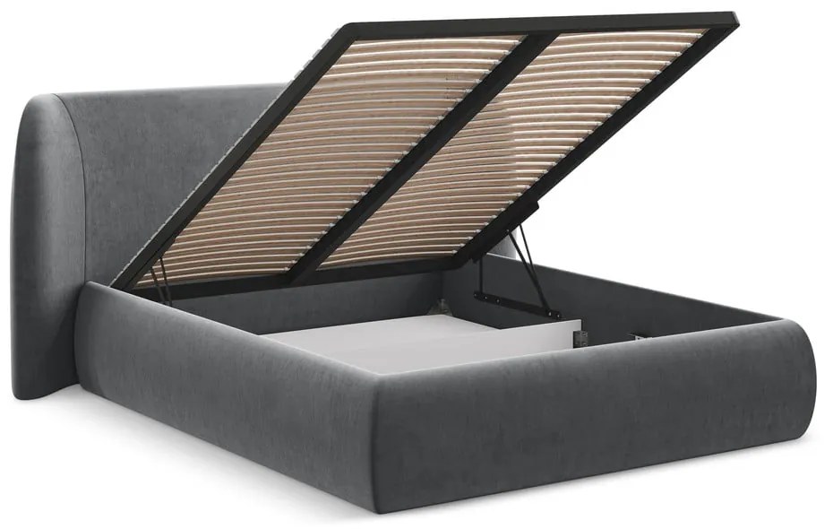 Tmavosivá čalúnená dvojlôžková posteľ s úložným priestorom s roštom 140x200 cm Hauke – Makamii
