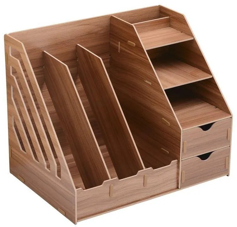 Drevený kancelársky organizér na dokumenty s 7 priehradkami a 2 zásuvkami tmavé drevo DIY 5-B
