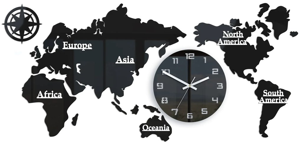 Nástenné samolepiace hodiny Mapa sveta 110x55 cm čierne