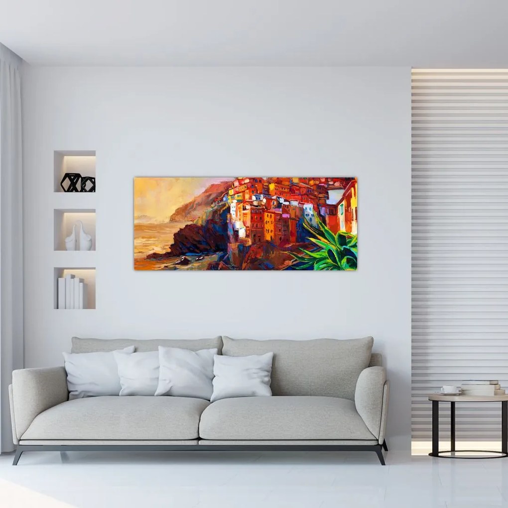 Obraz - Dedina na pobreží Cinque Terre, Talianska riviéra, moderný impresionizmus (120x50 cm)