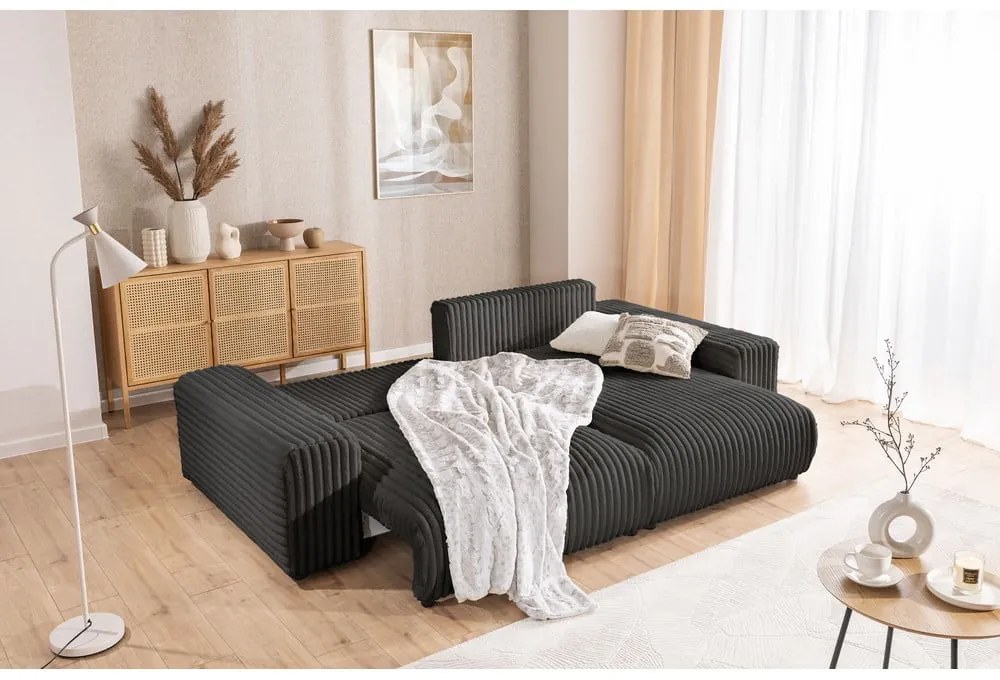 Tmavosivá menčestrová rozkladacia/s úložným priestorom rohová pohovka (pravý roh) Sarina – Ropez