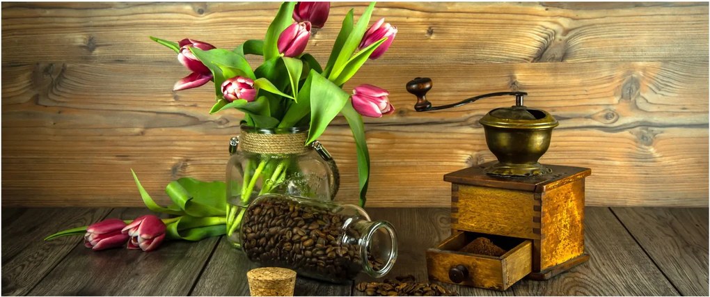 Obraz - tulipány, mlynček a káva (120x50 cm)