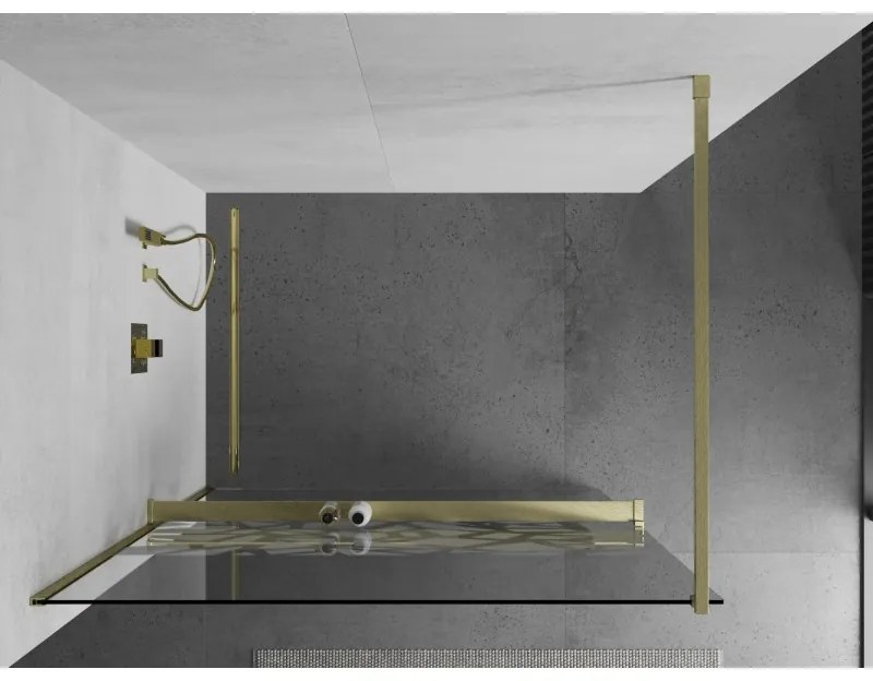 Mexen Kioto+, sprchová zástena Walk-In s poličkou a vešiakom 70 x 200 cm, 8mm číre sklo biely vzor, zlatý matný profil, 800-070-121-55-85