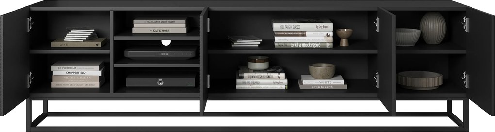 TV skrinka Asha 200 cm s otvorenými policami na podstavci - čierny mat