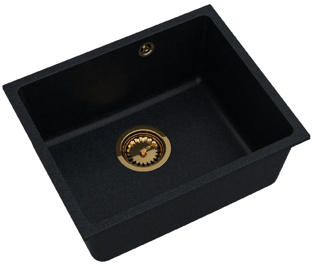 Sink Quality Crypton 55, kuchynský granitový drez 460x375x205 mm + zlatý sifón, čierna škvrnitá, SKQ-CRY.B.1KBO.55.XG