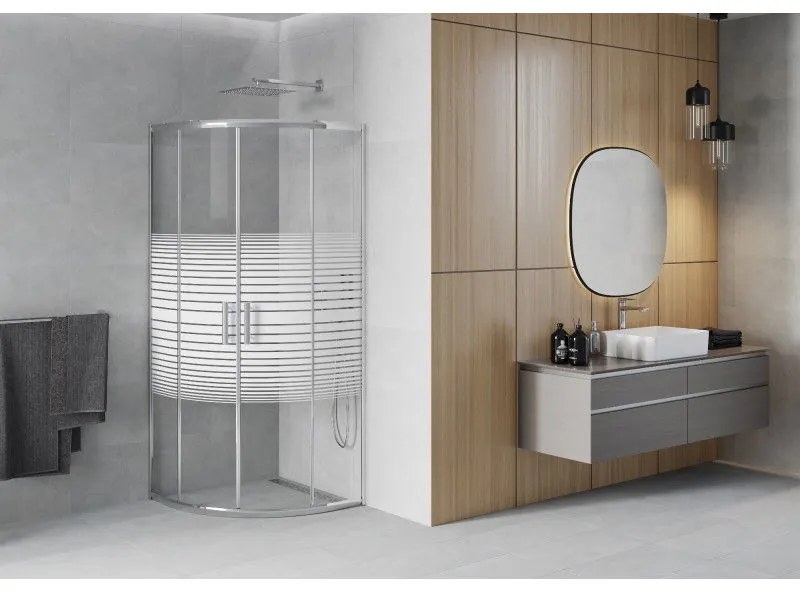 Mexen Rio, štvrťkruhový sprchovací kút s posuvnými dverami 70(dvere) x 70(dvere) x 190 cm, 6mm číre sklo s pásikmi, chrómový profil, 863-070-070-01-20
