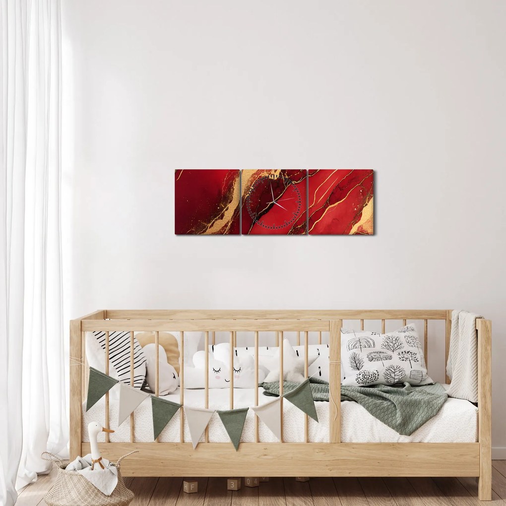 Obraz - Červeno-zlatý mramor (s hodinami) (90x30 cm)