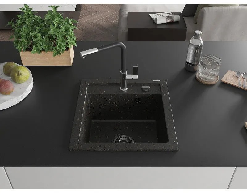 Mexen Vito, 1-komorový granitový drez 490x520x210 mm a drezová batéria Flora, čierna-zlatá metalíza, 6503-75-670401-07-B