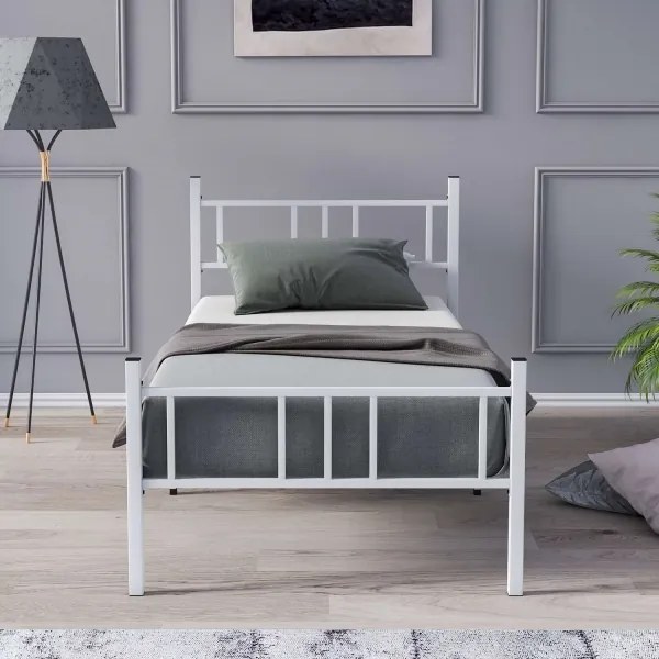 Kovová jednolôžková posteľ PIRON 90x200 cm biela nosnosť 120 kg