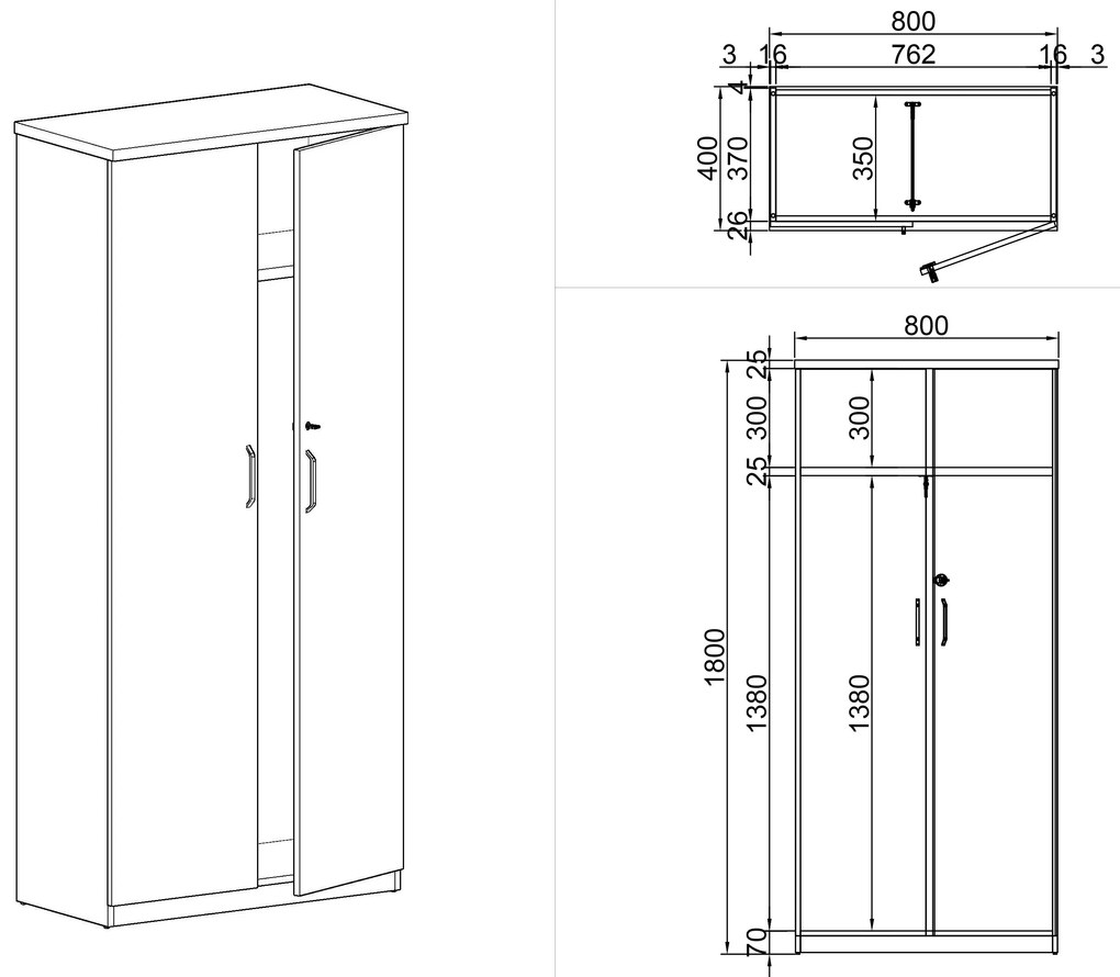 Skriňa šatňová MIRELLI A+ s výsuvom, 800 x 400 x 1800 mm, biela/dub sonoma