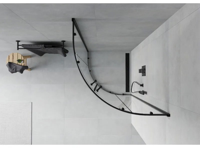 Mexen Rio, štvrťkruhový sprchovací kút s posuvnými dverami 90(dvere) x 90(dvere) x 190 cm, 6mm číre sklo, čierny profil, 863-090-090-70-00