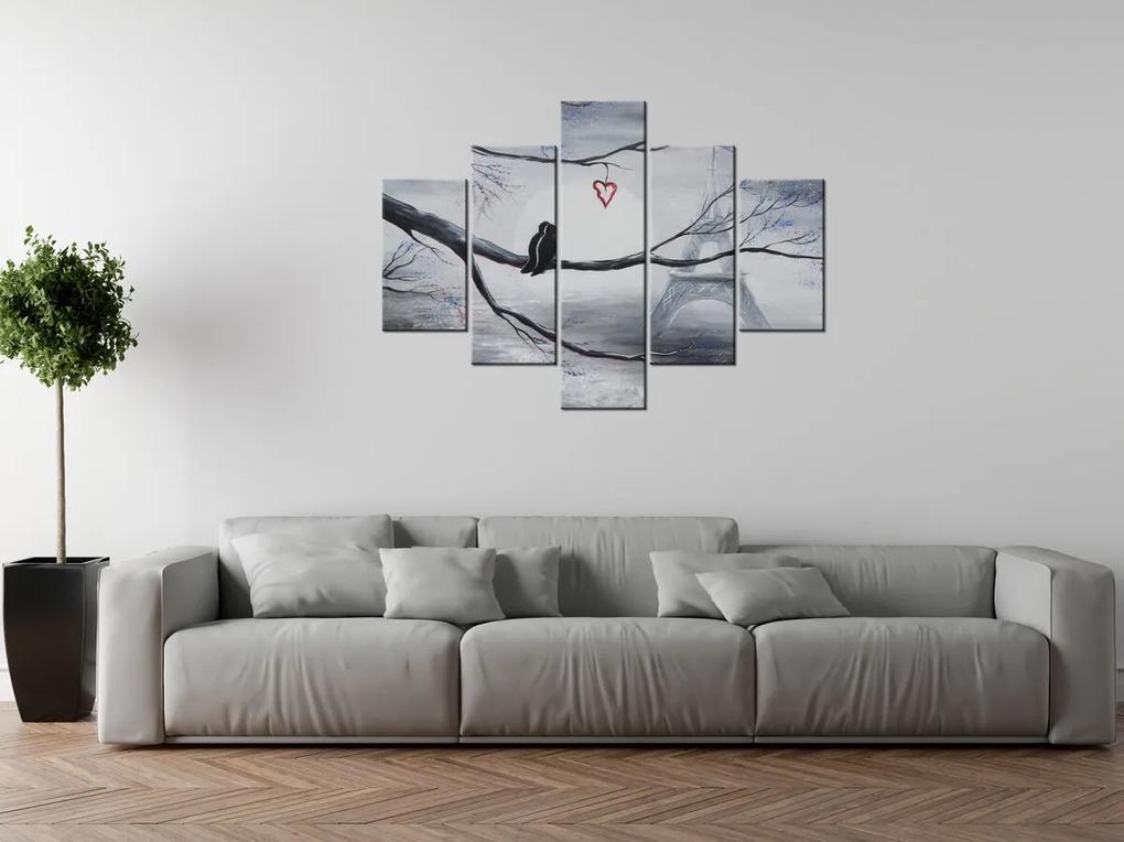 Gario Ručne maľovaný obraz Vtáčia romantika v Paríži - 5 dielny Rozmery: 100 x 70 cm