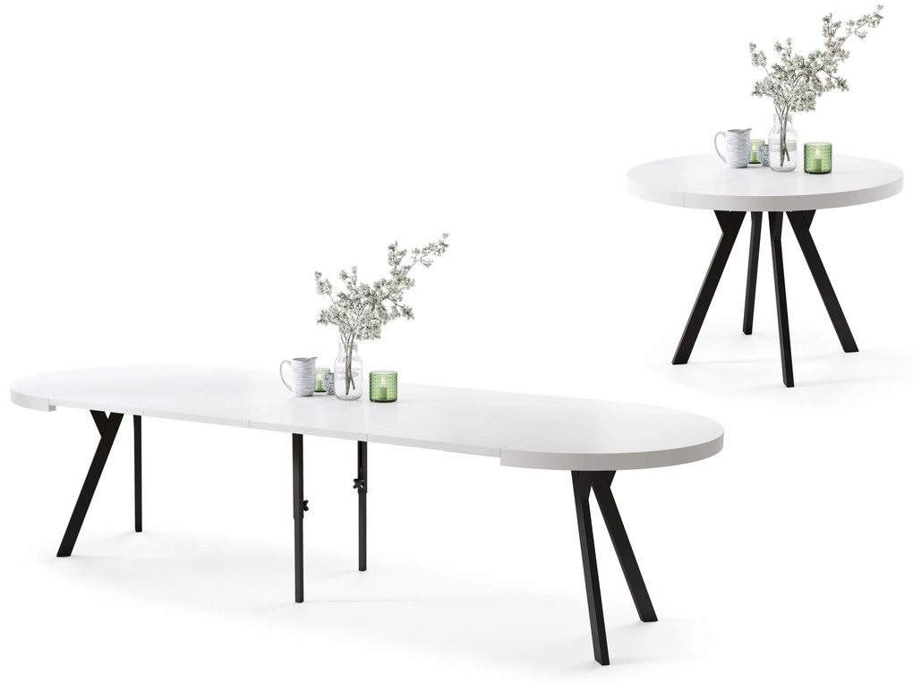 EXPANSO Biely mat / čierne nohy - VEĽKÝ OKRÚHLY STÔL Ø110 ROZKLADACÍ AŽ DO 310 cm S NOHAMI Y LOFTOVÝ / INDUSTRIÁLNY