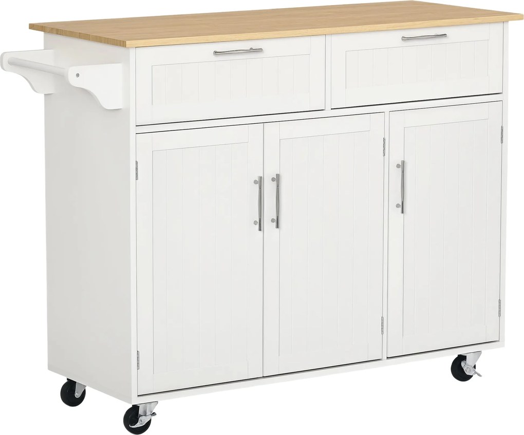 HOMCOM Kuchynský ostrov s kolesami, kuchynský vozík, kuchynský sideboard s 2 zásuvkami, 3 dverami a bočnými tyčami na jedlo 121x46x91 cm Dubová biela