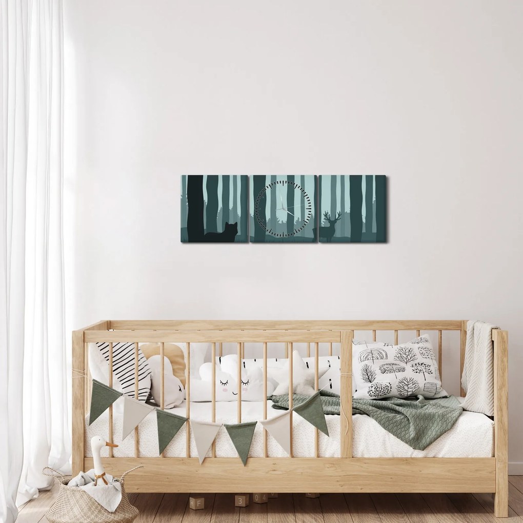 Obraz - Jeleň s vlkom v skalách (s hodinami) (90x30 cm)