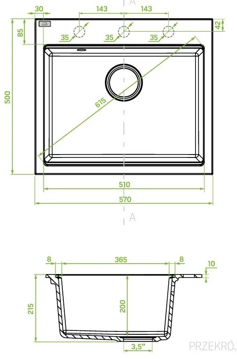 Laveo Tau, 1-komorový granitový drez 570x500x215 mm, čierna, LAV-SBT_710B