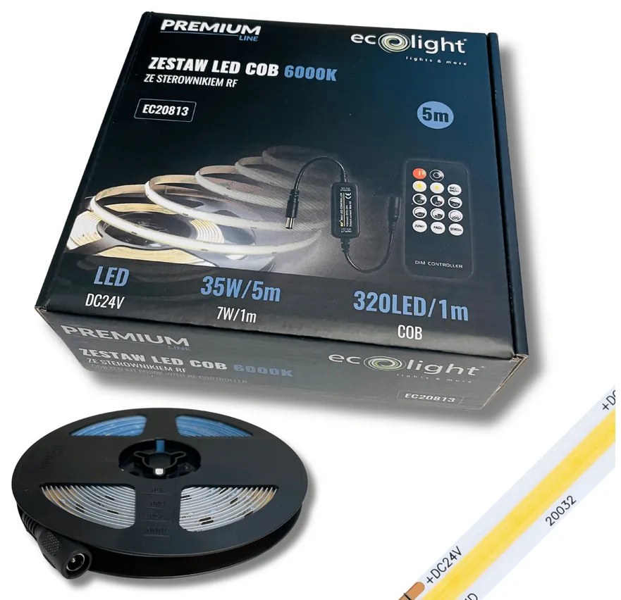 ECOLIGHT COB LED pásik 35W - 24V - 320 - 5M - 6000k - studená farba + diaľkový ovládač