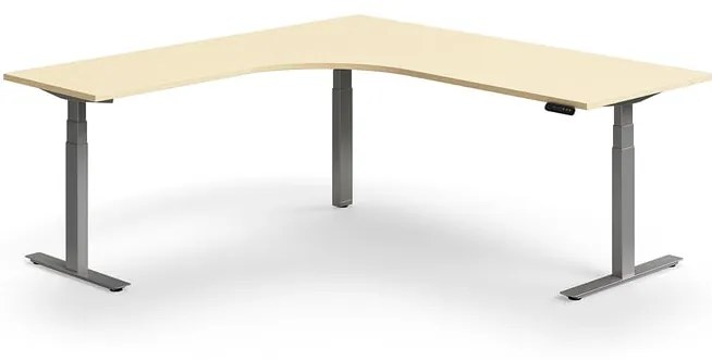 Výškovo nastaviteľný stôl QBUS, rohový, 2000x2000 mm, strieborný rám, breza