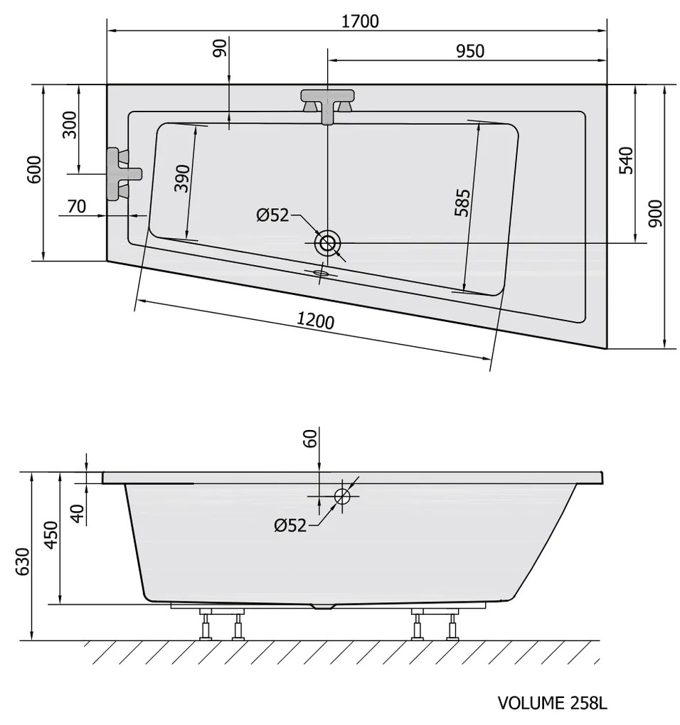 Polysan Polysan, ANDRA R asymetrická vaňa 170x90x45cm, biela, 81511