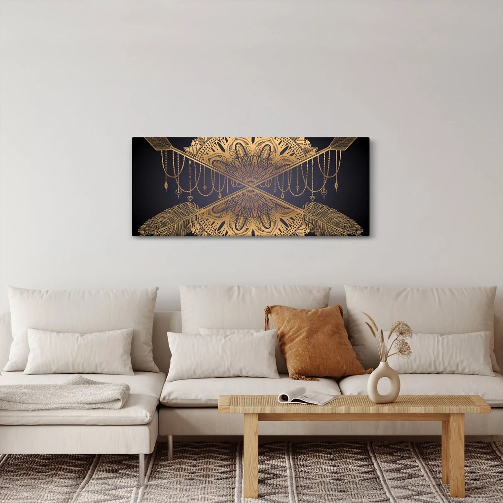 Obraz - Zlatá mandala s šípmi (120x50 cm)