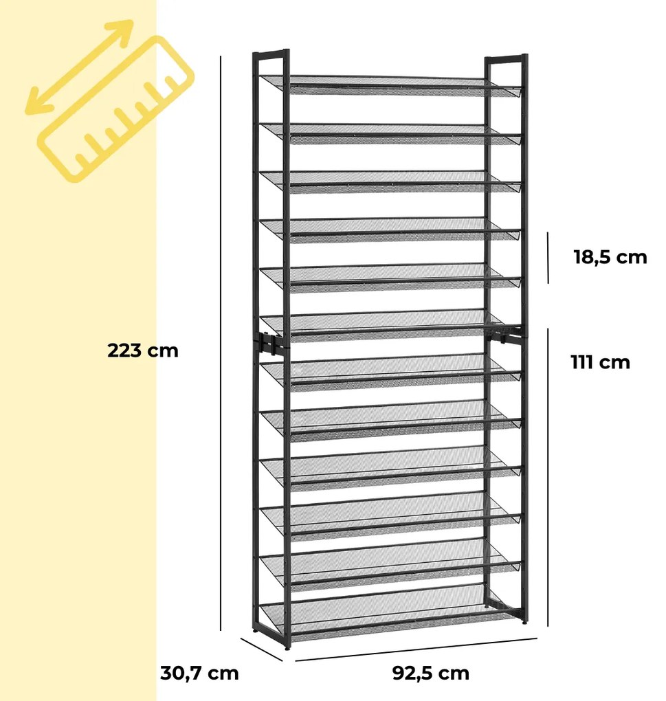 Jurhan Stohovateľný regál na topánky IDA, 12 políc, 92,5x31x223cm, čierna