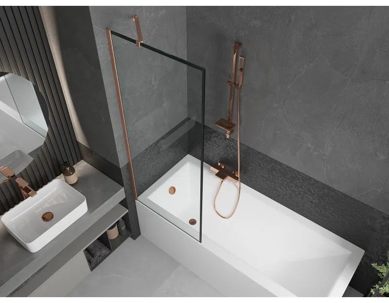 Mexen Next, 1-krídlová vaňová zástena 70 x 150 cm, 6mm číre sklo - čierny vzor, medená matná, 895-070-000-00-70-65