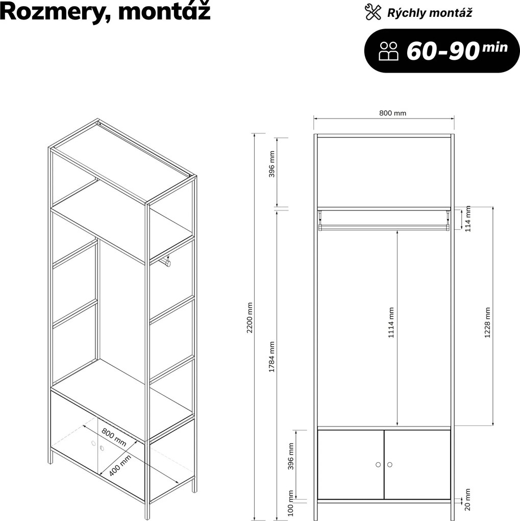 Kancelársky regál otvorený s tyčou na oblečenie, do recepcie a čakárne, kovový, sivý, 800x2200x400 mm: ARIEL