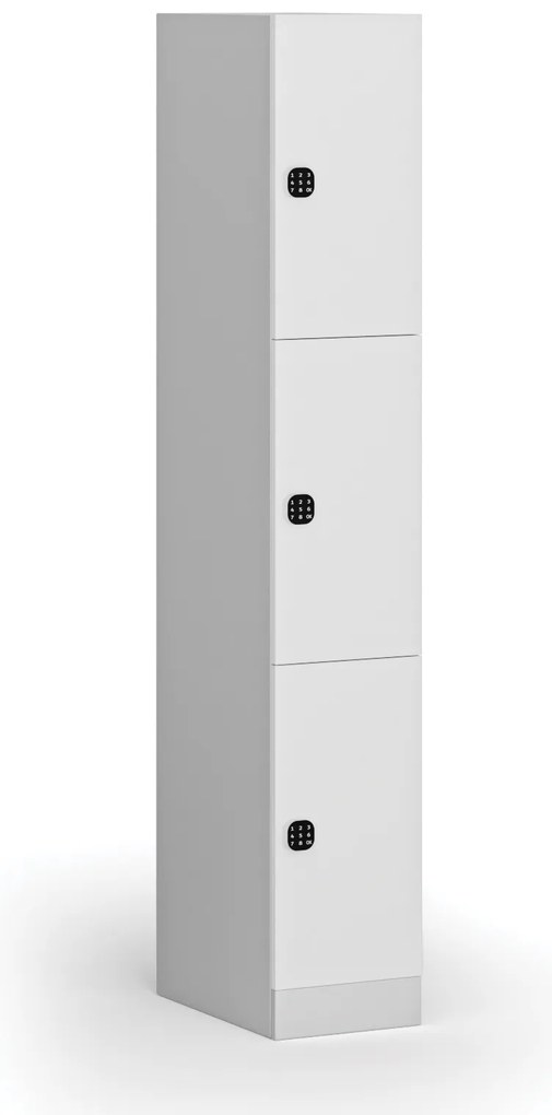 Šatníková skrinka s úložnými boxmi, 3 boxy, 1850 x 300 x 500 mm, demont, kódový zámok, laminované dvere, biela