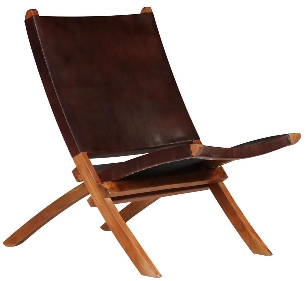 vidaXL Skladacia relaxačná stolička, hnedá, pravá koža
