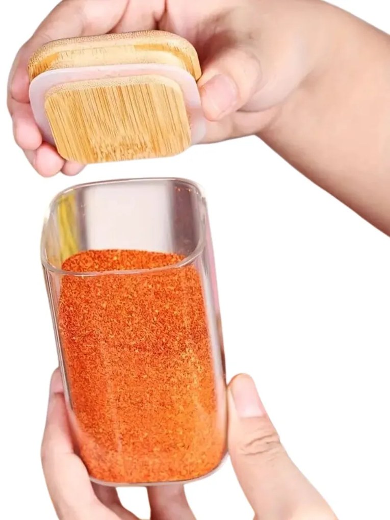 Korenica, sklenená hranatá s bambusovým viečkom, CUBE 250 ml