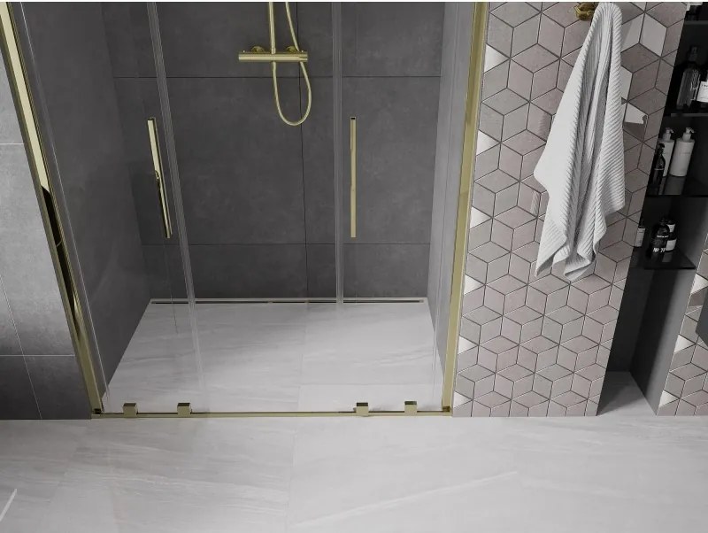 Mexen Velar L Duo, posuvné sprchové dvere do otvoru 160 cm, 8mm číre sklo, zlatá lesklá, 871-160-003-02-50