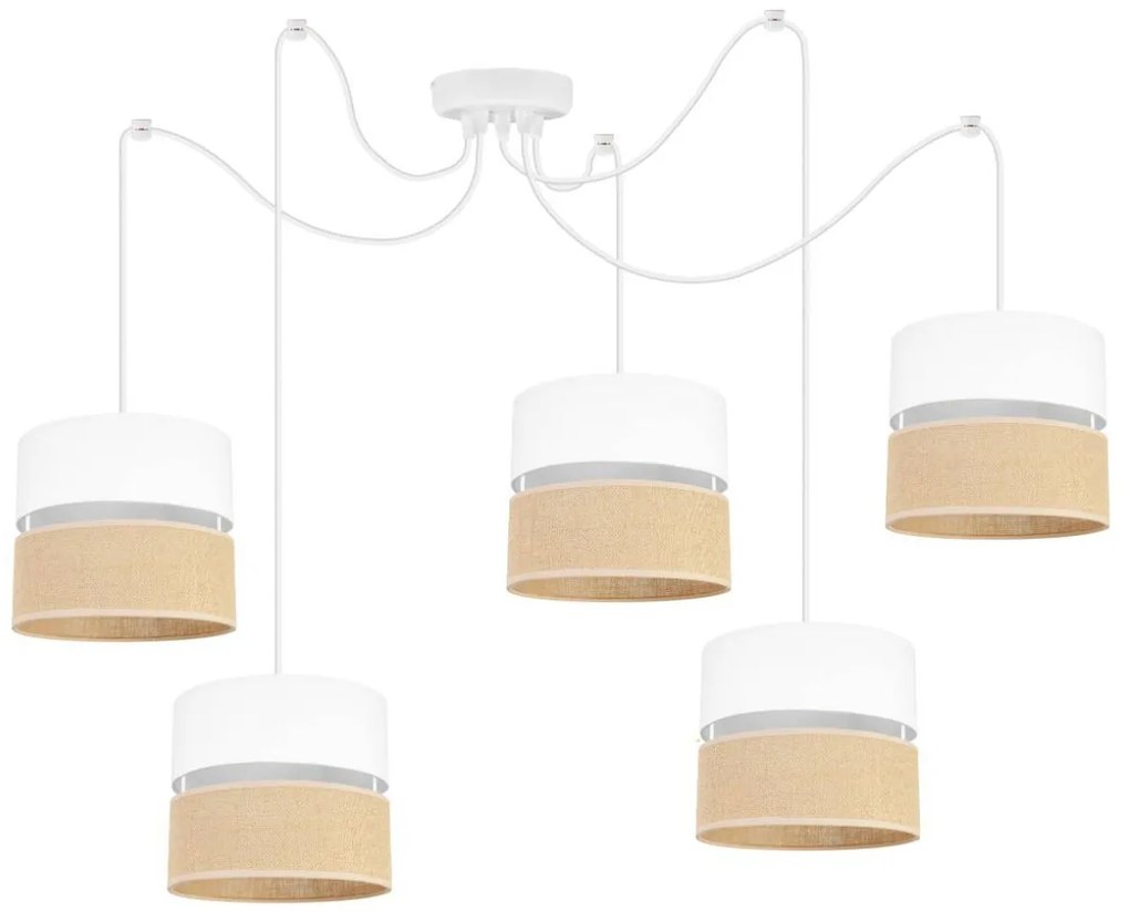 Závesné svietidlo Juta Spider, 5x jutové/biele textilné tienidlo, w