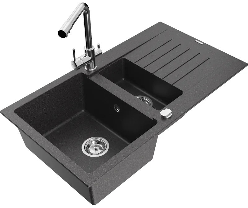 Mexen Matias, granitový drez 900x505x200 mm, 1,5-komorový a chrómová batéria Duero, čierna škvrnitá, 6502-76-671600-00
