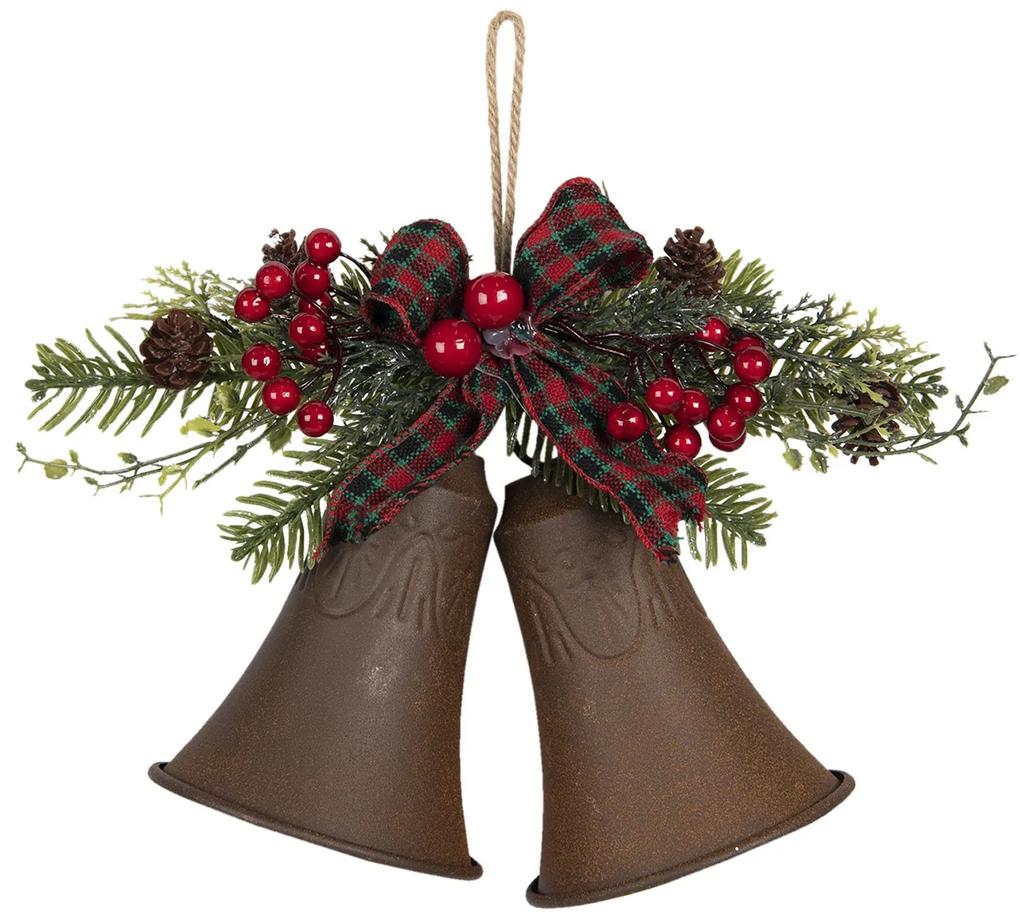 Vianočné dekorácie hnedé zvončeky s vetvičkou a mašľou - 22*12*16 cm