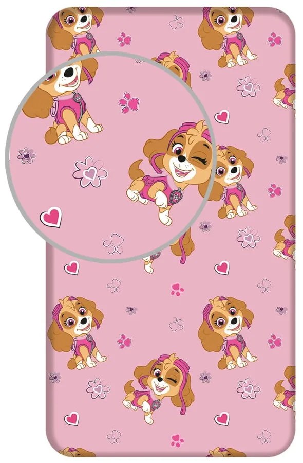 Ružová napínacia bavlnená detská plachta na jednolôžko 90x200 cm Paw Patrol – Jerry Fabrics