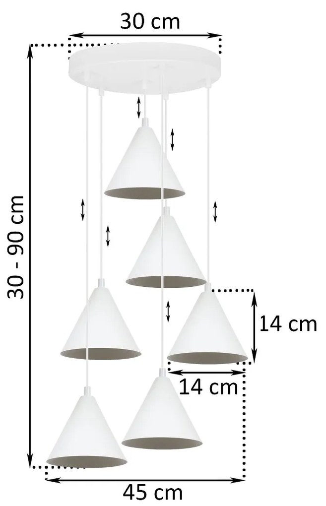 Závesné svietidlo Soho, 6x biele kovové tienidlo, o