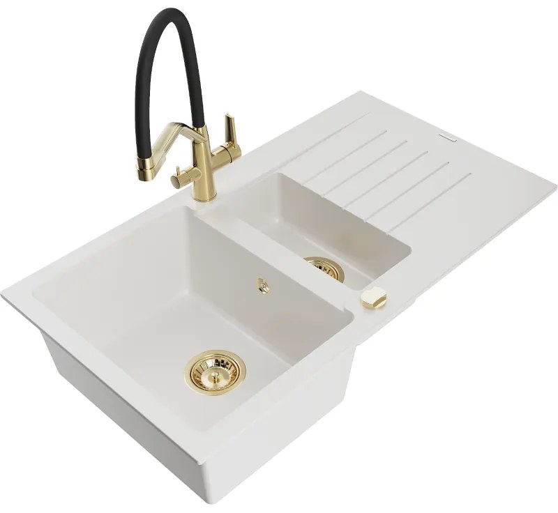Mexen Matias, 1,5-komorový granitový drez 900x505x200 mm a drezová batéria Duo, biela, 6502-20-671701-57-G