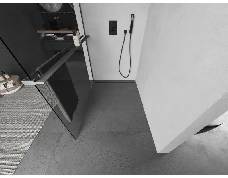 Mexen Kioto+, sprchová zástena Walk-In s poličkou a vešiakom 140 x 200 cm, 8mm číre sklo, grafitový profil, 800-140-121-95-00