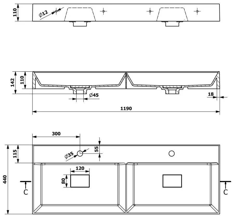 Biele dvojumývadlo z liateho mramoru 119x44 cm Godiva – Sapho