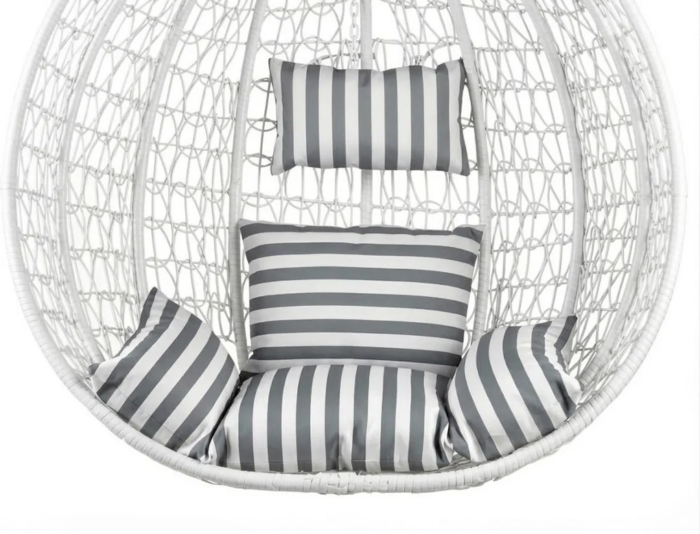 Biele závesné kreslo KOKON so stojanom, bielo-sivý vankúš