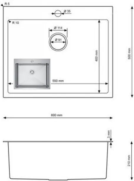 Erga HD, 1-komorový oceľový drez 600x500x210 mm, oceľová, ERG-MLS-HD6050X