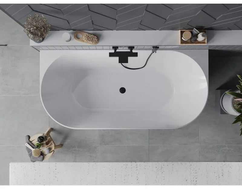 Mexen Oval Slim, voľne stojaca vaňa ku stene 170 x 80 cm, biela lesklá, čierny matný prepad, 52661708000-70