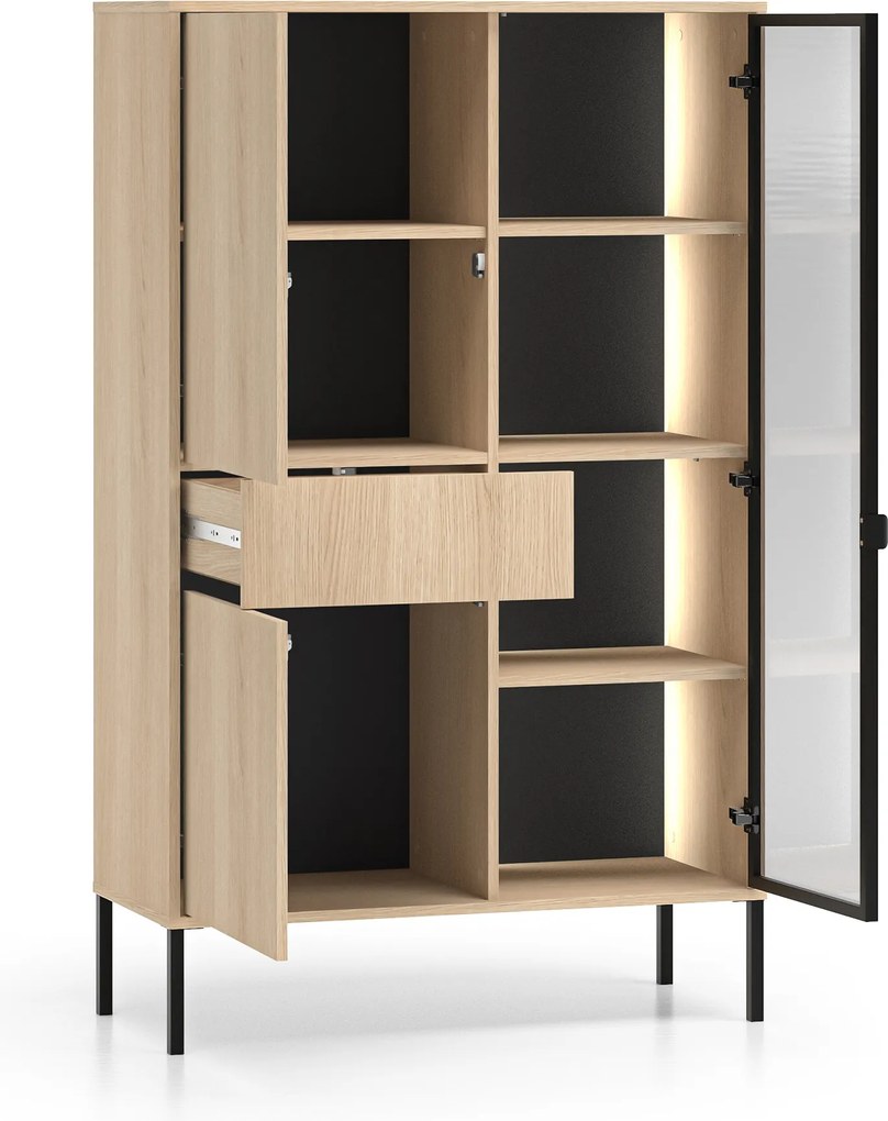 Vysoká vitrína Harmona 92 cm so zásuvkou a osvetlením - dub lindberg