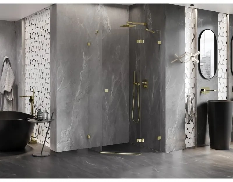 Mexen Lunar, päťuholníkový sprchový kút naklápací vpravo 80 x 80 cm, 8mm číre sklo, zlatý profil, 831-080P-080L-50-00-P