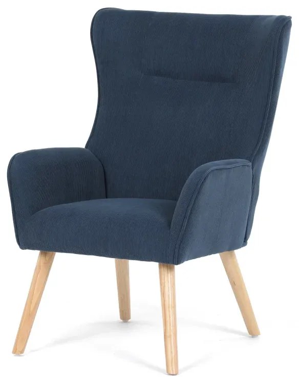 Křeslo, potah modrá manšestrová látka, dřevěné nohy, masiv kaučukovník