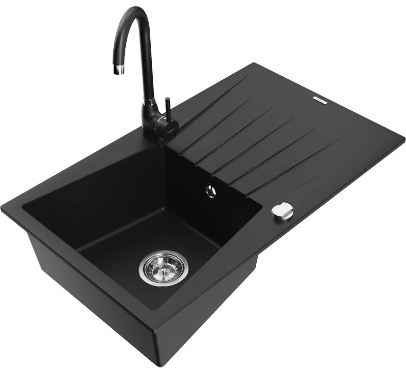 Mexen Cesar, 1-komorový granitový drez s odkvapkávačom 78x47 cm a kuchynskou batériou Telma, čierna, 6514-77-670200-70