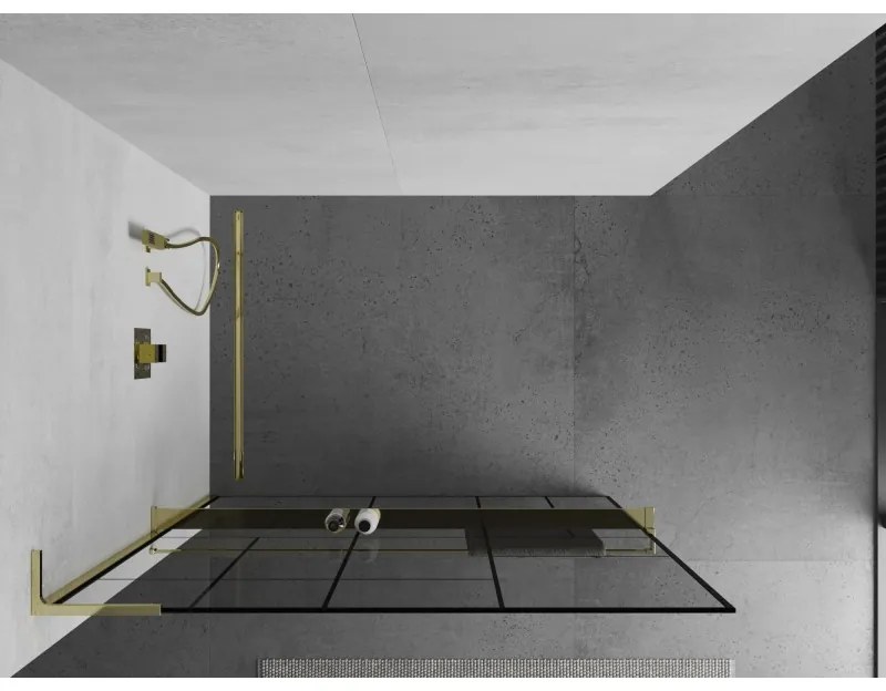 Mexen Kioto+ L, sprchová zástena Walk-In s poličkou a vešiakom 90 x 200 cm, 8mm číre sklo čierny vzor, zlatý lesklý profil,800-090-123-50-78